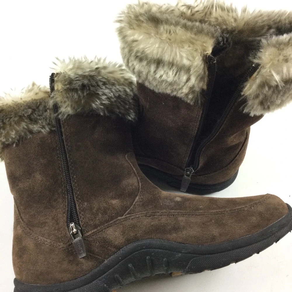 L.L. BEAN Boots Women’s Brown Suede Faux Fur Trim Mid Calf Side Zip Sz 8